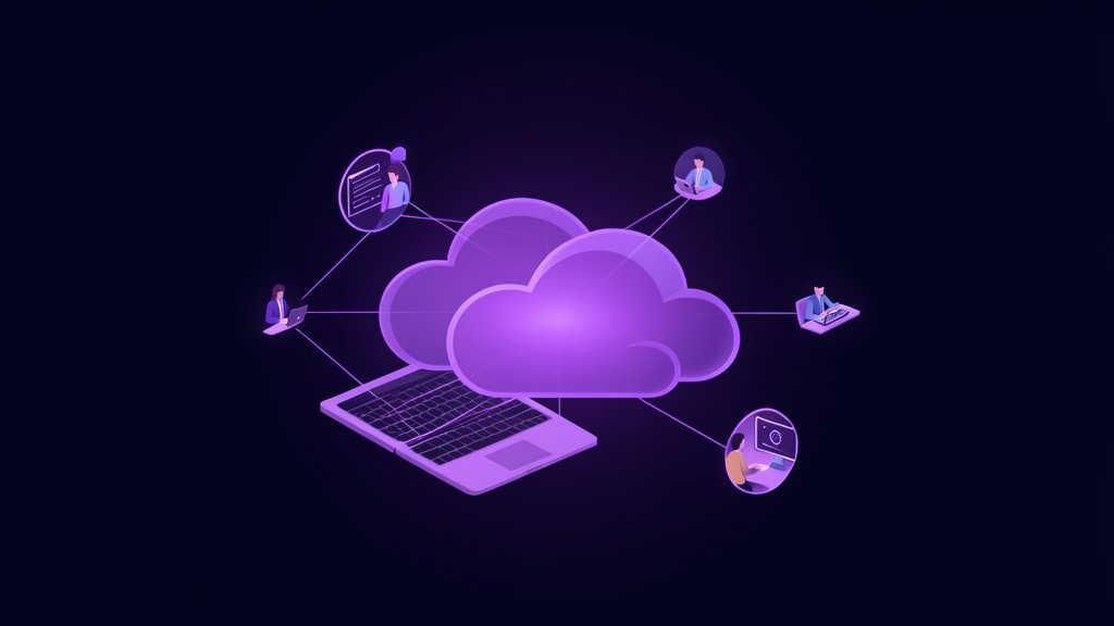 Abstract dark navy and purple graphic representing the future of work and cloud office